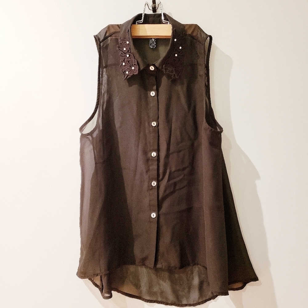 FCNY Sheer Black Sleevless Button Down Top
